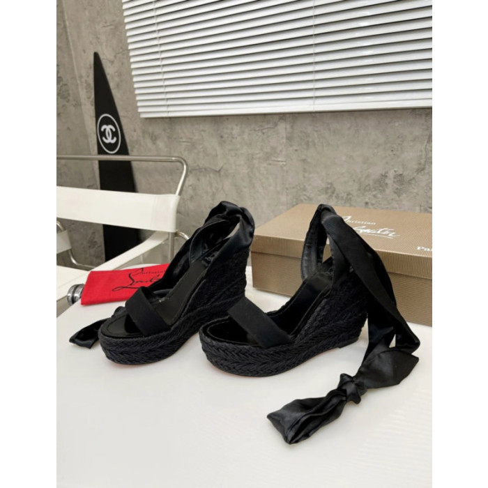Christian Louboutin Black Fabric 120mm heel Wedge Ankle Tie Espadrille Sandal