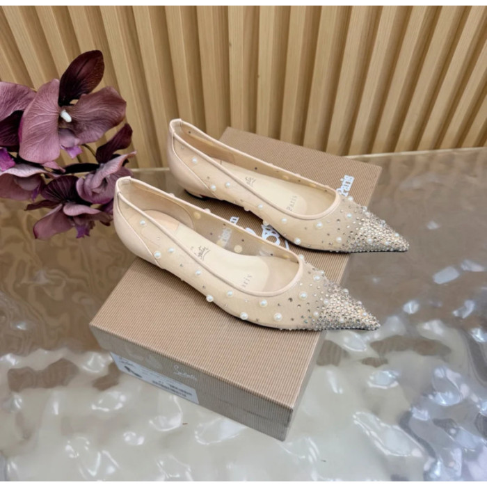 Christian Louboutin Beige Mesh Pearl Crystal‑Embellished Pointed‑Toe Flat Pumps