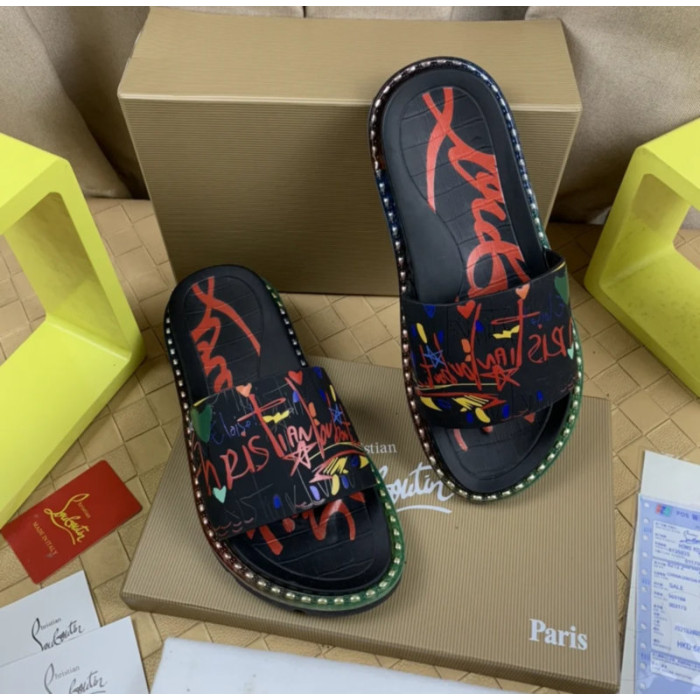Christian Louboutin Black Graffiti‑Print Slides Rainbow Crystal‑Trimmed Sole