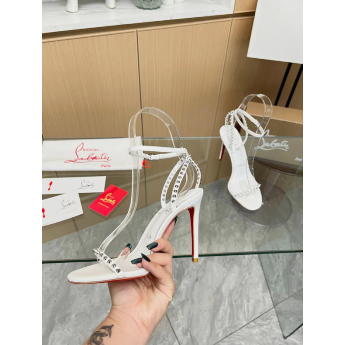 Christian Louboutin White Leather Spiked Ankle‑Strap Sandal 100mm heel