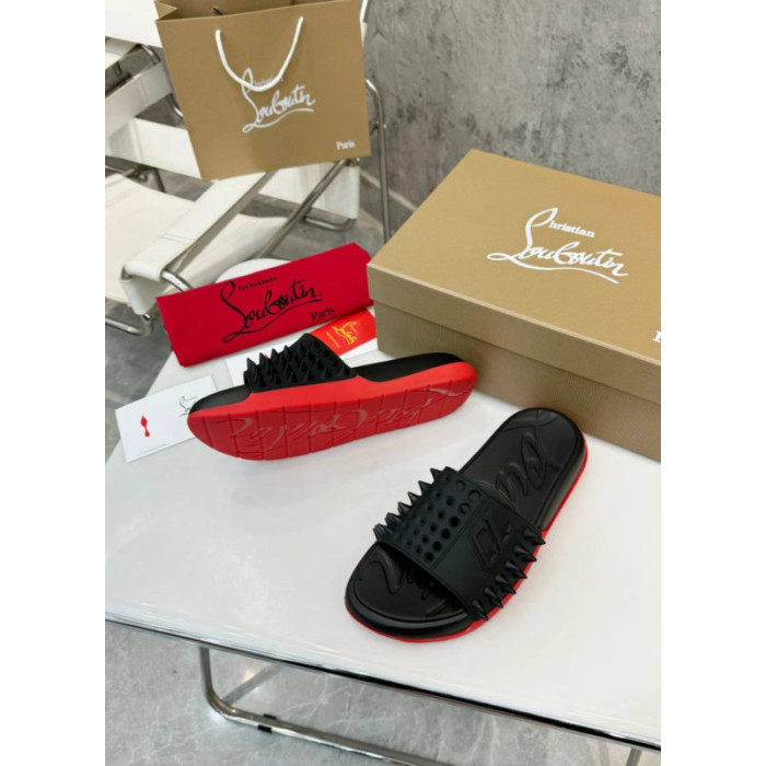 Christian Louboutin Black Spiked CL Logo Slide Sandals