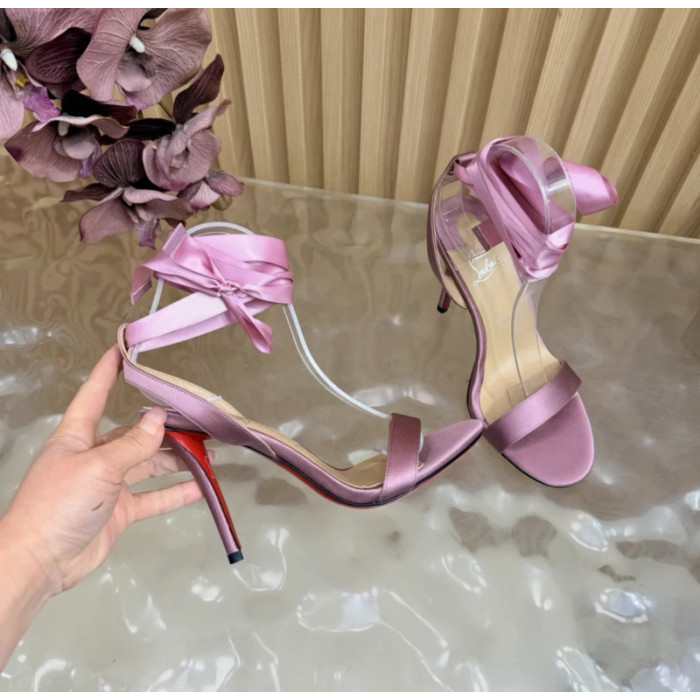 Christian Louboutin Dusty Rose Satin 100mm Ankle‑Wrap Tie Stiletto Sandals