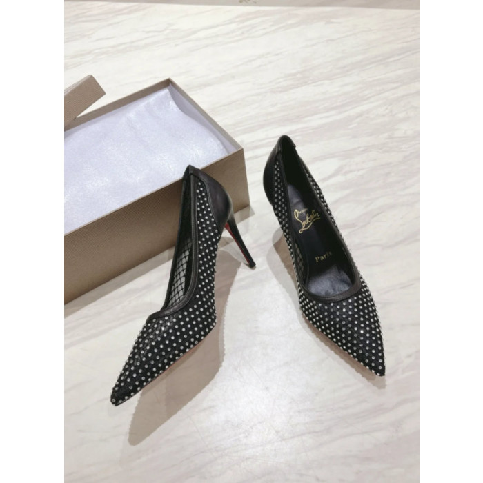 Christian Louboutin Black Mesh 80mm Apostropha Crystal‑Embellished Pointed Toe Heel Pumps