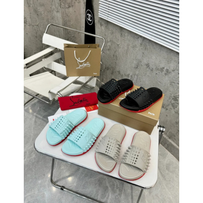 Christian Louboutin Black Rubber Spiked Slide Sandal