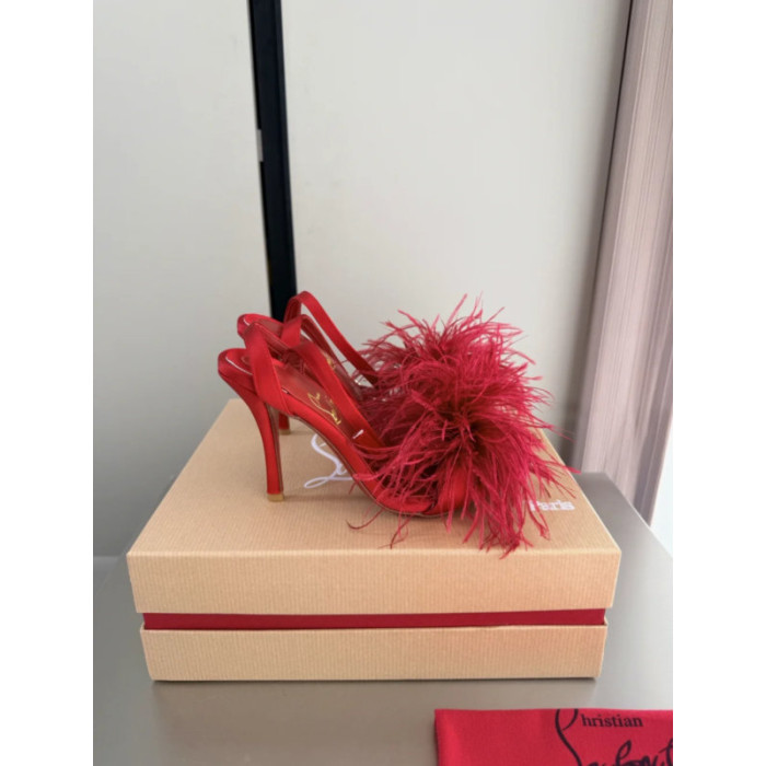Christian Louboutin Red Satin Feather 100mm Slingback Stiletto Sandals