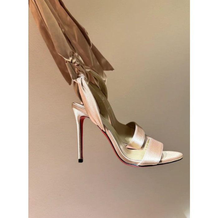 Christian Louboutin Champagne Satin 120mm Heel Tie‑Ankle Stiletto Sandals