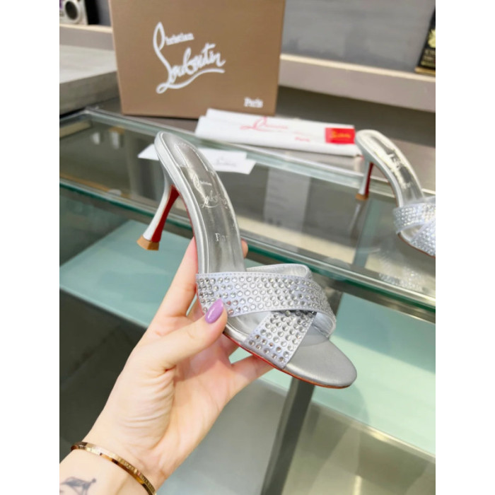 Christian Louboutin Silver Crystal Crisscross Mule Slide Sandal 100mm heel