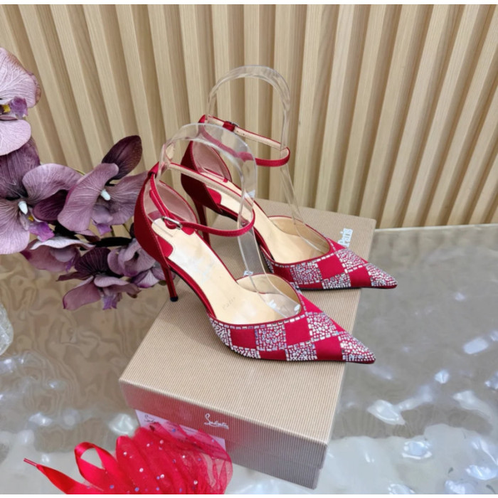 Christian Louboutin Red Satin Checkered Crystal‑Embellished 100mm Stiletto Heel Ankle‑Strap Pumps