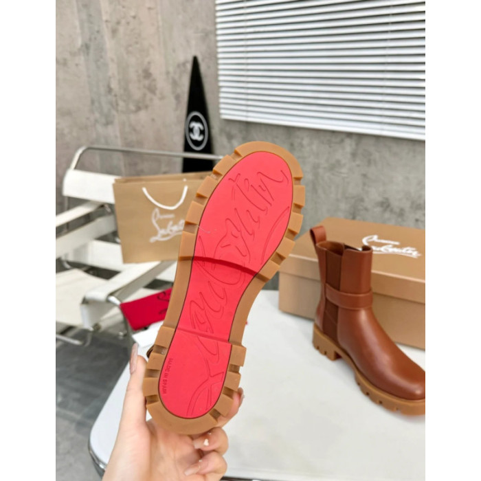 Christian Louboutin Brown Leather Buckle‑Strap Lug‑Sole Chelsea Ankle Boots