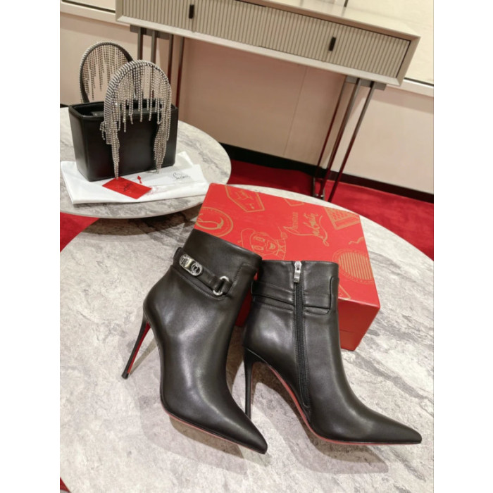 Christian Louboutin Black Leather Metal‑Buckle 100mm Pointed Toe Ankle Boots