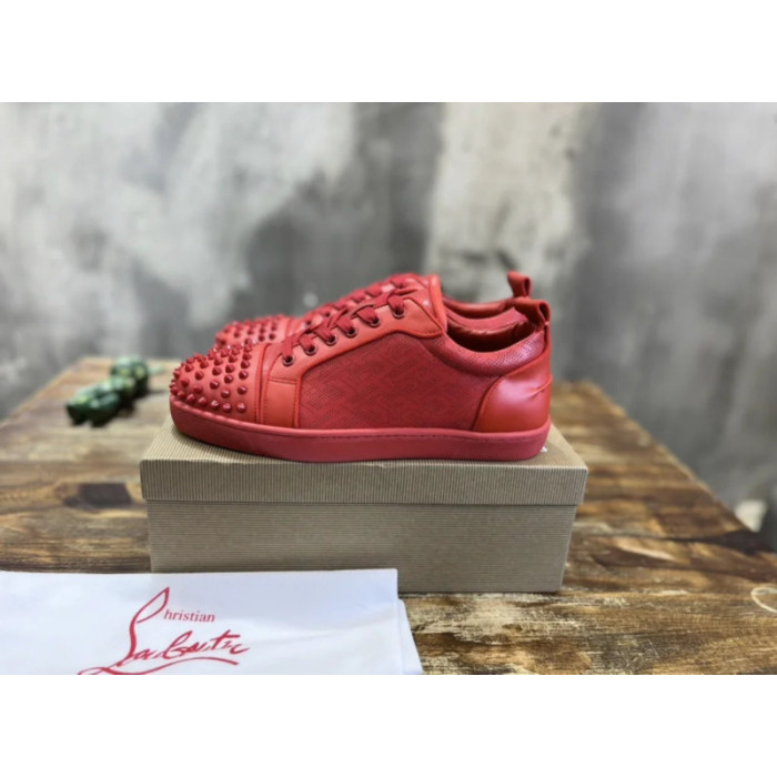 Christian Louboutin Red Perforated Leather Red‑Spiked Low‑Top Sneakers
