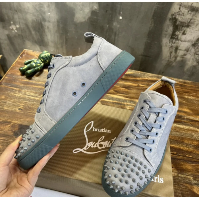 Christian Louboutin Light Grey Suede Tonal‑Spiked Low‑Top Men’s Sneakers