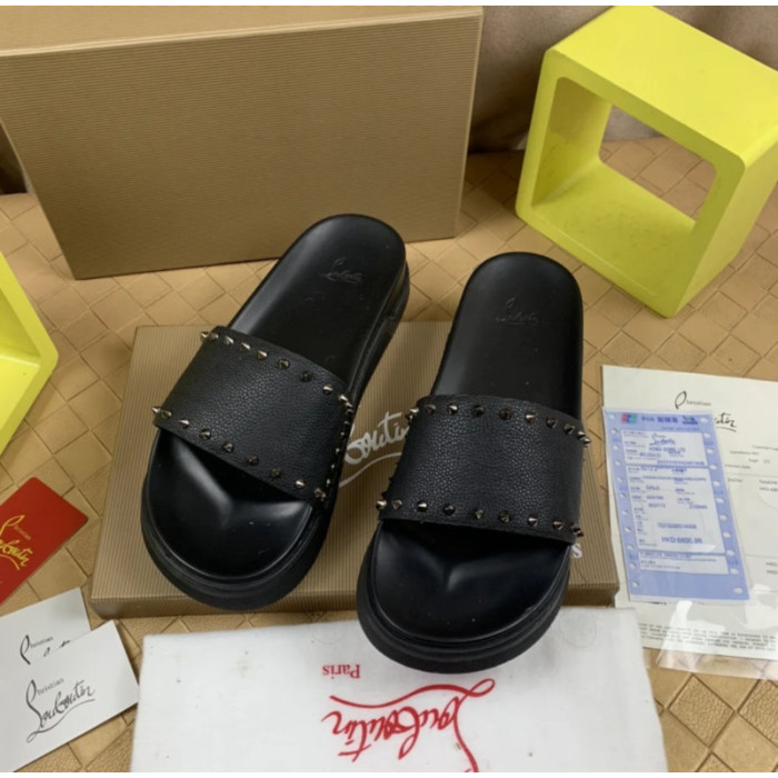 Christian Louboutin Black Grain‑Leather Spiked Flat Slide Sandals
