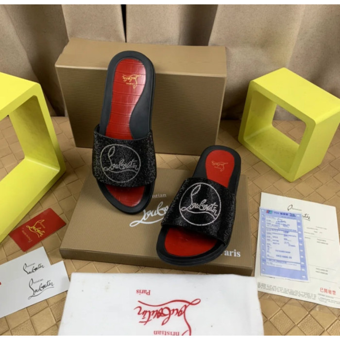 Christian Louboutin Black Crystal Slide Sandals Silver Rhinestone Circular Logo