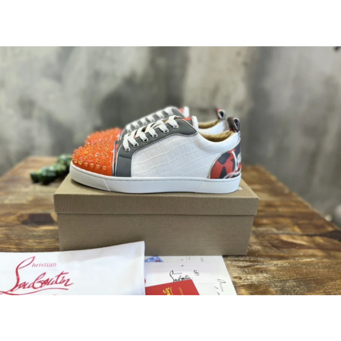 Christian Louboutin Multi‑Material Spike‑Toe Low‑Top Leather Sneakers