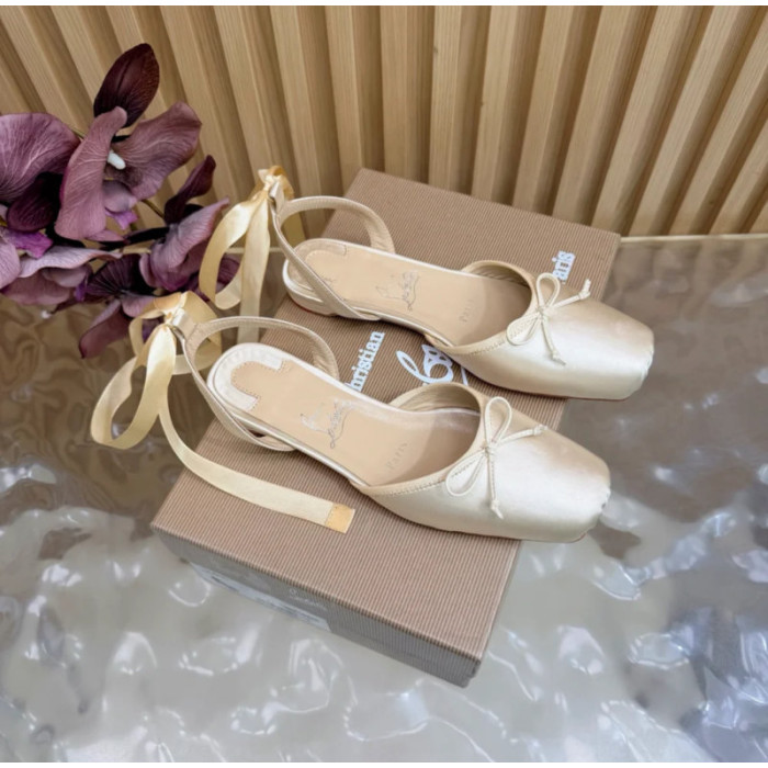 Christian Louboutin Ivory Satin Bow Ankle‑Tie Slingback Ballet Flats