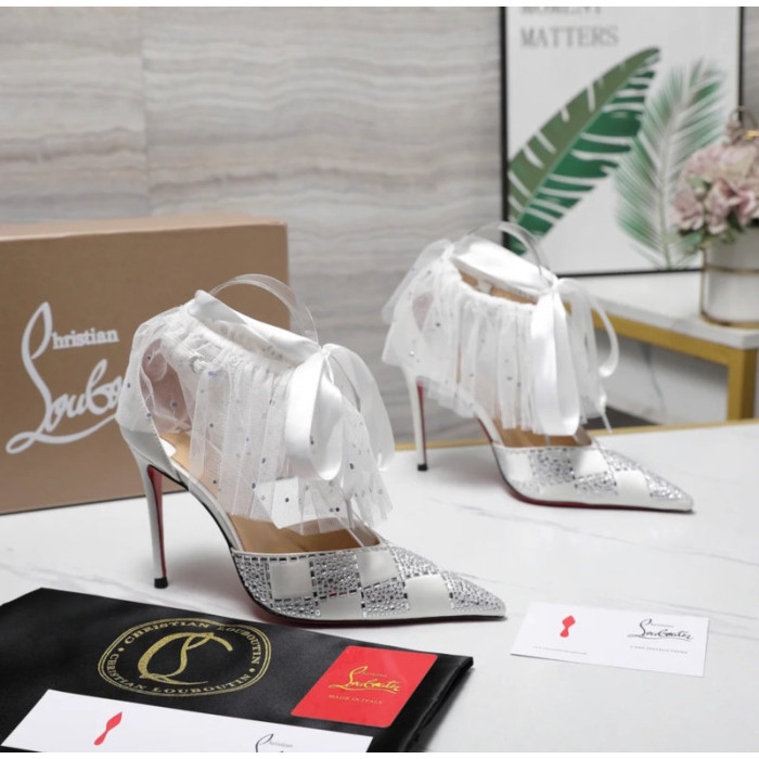 Christian Louboutin Silver Satin Checkerboard Crystal Tulle Ruffle 100mm Stiletto Heel Pumps