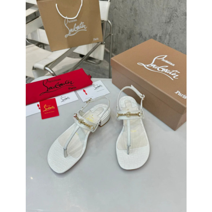 Christian Louboutin White Croc‑embossed Leather Block Heel Thong Sandal