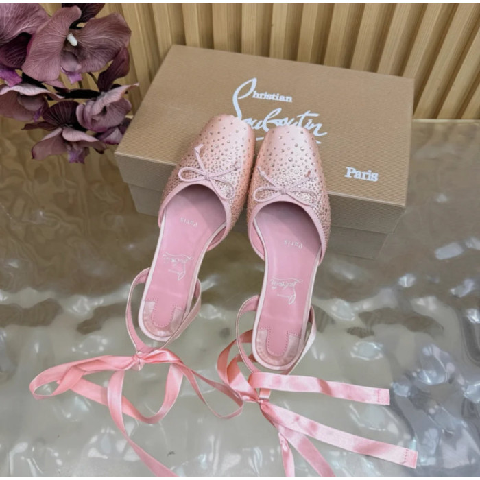 Christian Louboutin Pink Satin Crystal‑Embellished Ankle‑Tie Ballet Flats