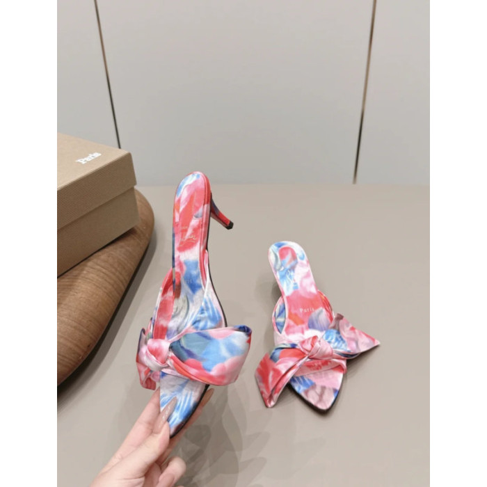 Christian Louboutin Pink Watercolor‑Print Satin Bow Mule Kitten Heel Sandals 55mm heel