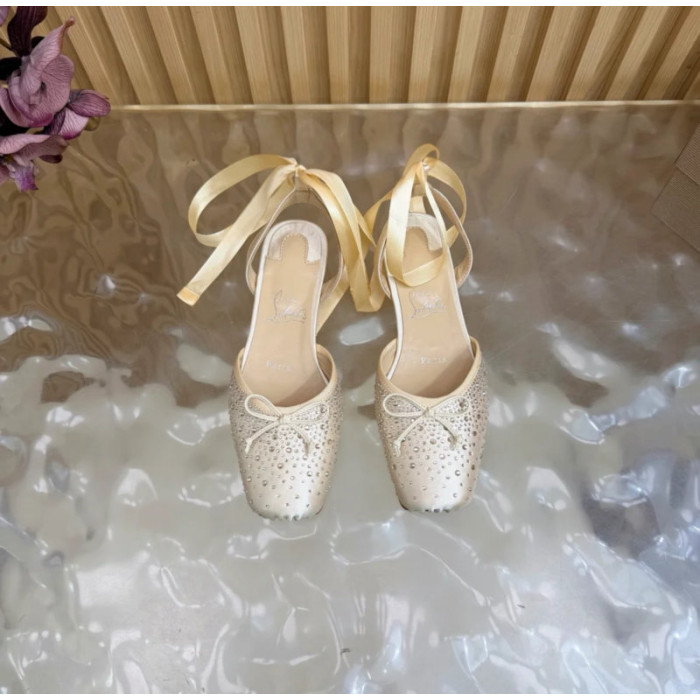 Christian Louboutin Cream Satin Crystal‑Embellished Ankle‑Tie Slingback Ballet Flats
