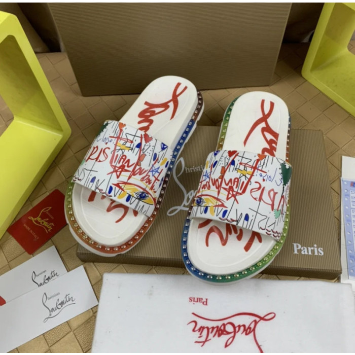 Christian Louboutin White Graffiti‑Print Slides Rainbow Crystal‑Trimmed Sole