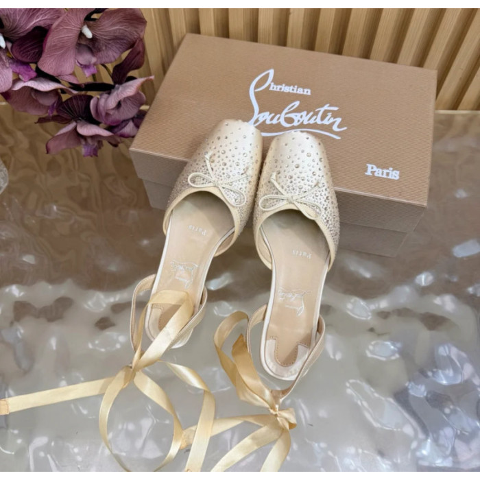 Christian Louboutin Cream Satin Crystal‑Embellished Ankle‑Tie Slingback Ballet Flats