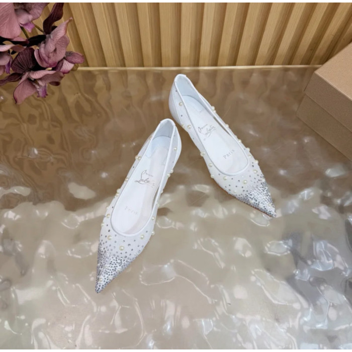 Christian Louboutin White Mesh Pearl Crystal‑Embellished Pointed‑Toe Flat Pumps