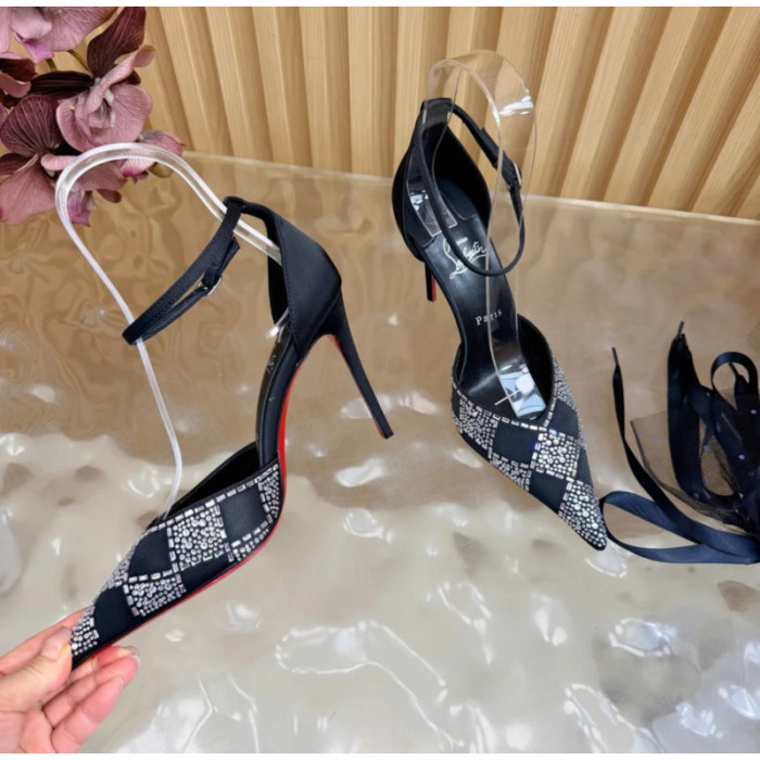 Christian Louboutin Black Satin Checkered Crystal‑Embellished 100mm Stiletto Heel Ankle‑Strap Pumps