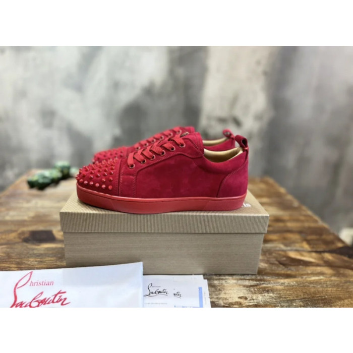 Christian Louboutin Red Suede Monochrome Spiked Low‑Top Men’s Sneakers