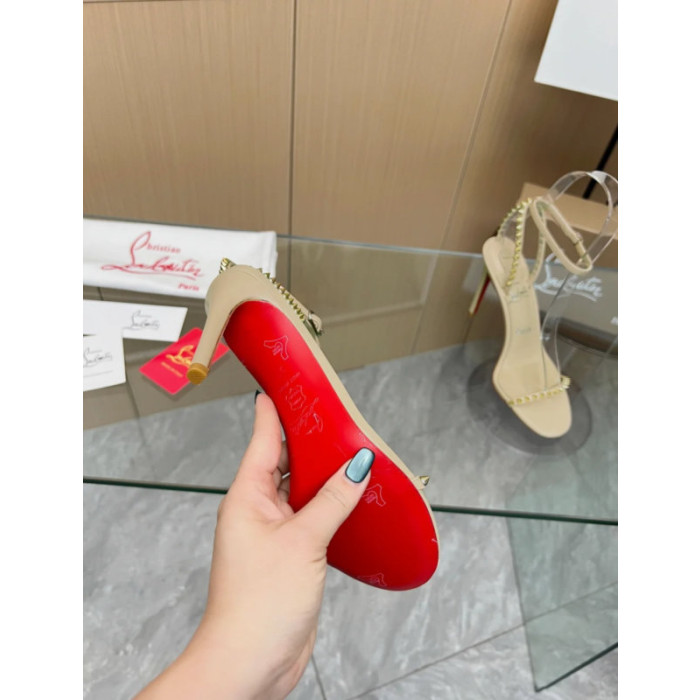 Christian Louboutin Beige Leather Gold‑Spiked Ankle‑Strap Sandal 100mm heel