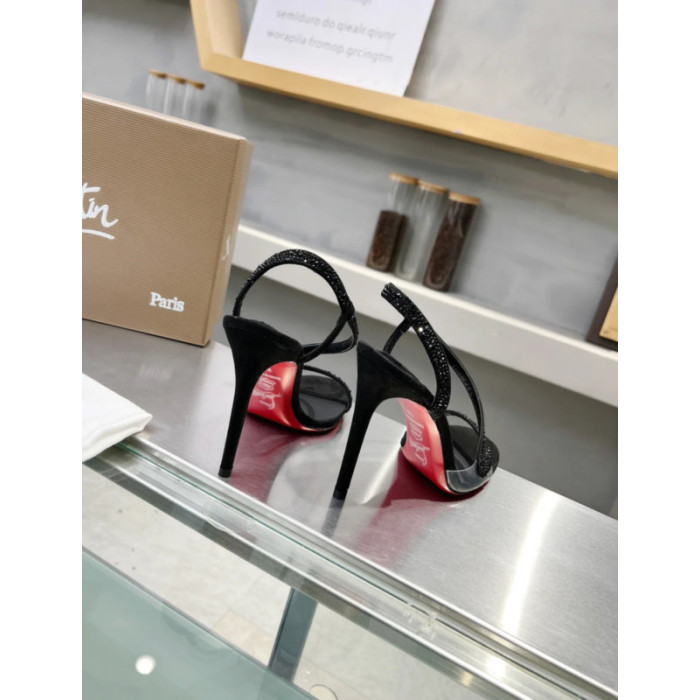 Christian Louboutin Black Suede Crystal‑Embellished 100mm heel Sandal