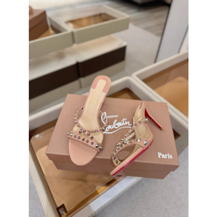Christian Louboutin Nude Leather Silver‑Spiked Crisscross Mule High Heel Sandals 100mm heel