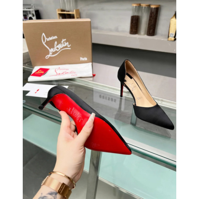 Christian Louboutin Black Satin Half‑d'Orsay Pointed‑Toe 100mm heel Pumps