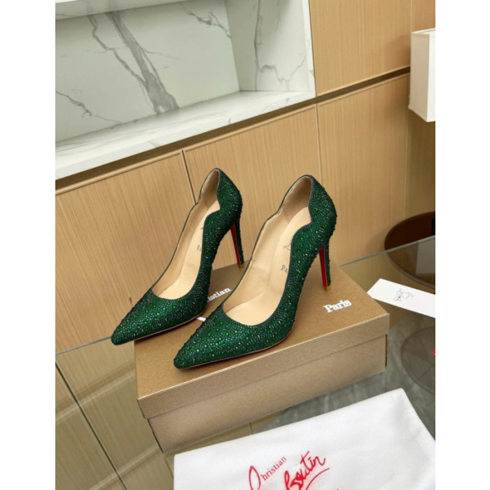 Christian Louboutin Emerald Green Crystal‑Encrusted Scalloped 100mm heel Pump
