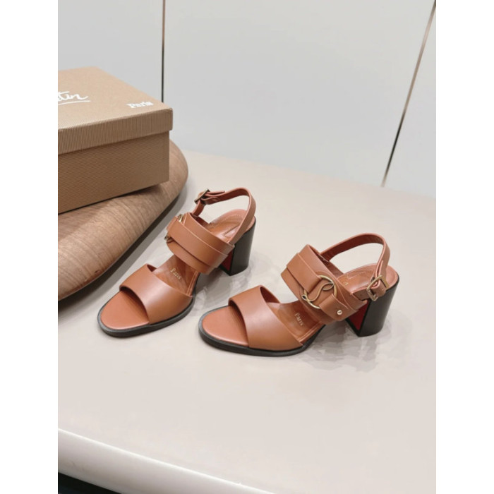 Christian Louboutin Tan Leather CL‑Logo Block Heel Ankle‑Strap Sandals 85mm heel