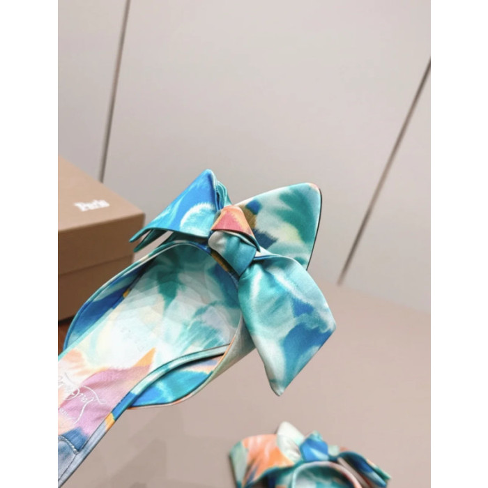 Christian Louboutin Blue‑Tone Watercolor Satin Bow Pointed Mule Kitten Heel Sandals 55mm heel