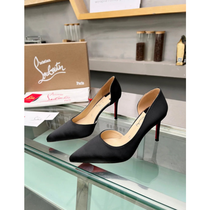 Christian Louboutin Black Satin Half‑d'Orsay Pointed‑Toe 100mm heel Pumps