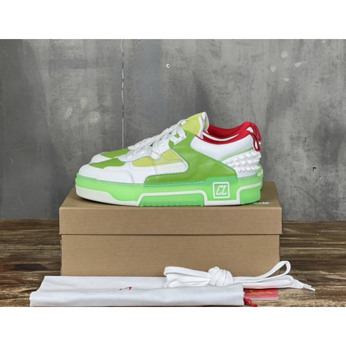 Christian Louboutin White‑Green Leather Spiked Platform Low‑Top Sneakers