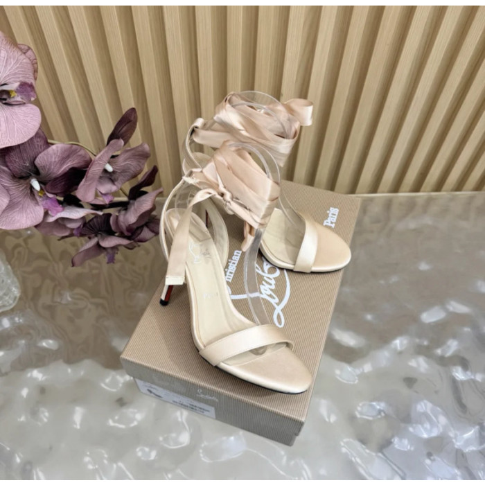 Christian Louboutin Champagne Satin 100mm Ankle‑Wrap Tie Stiletto Sandals