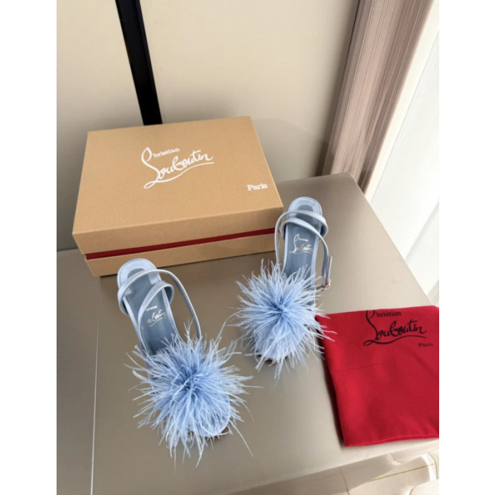 Christian Louboutin Light Blue Satin 100mm Feather Slingback Sandals