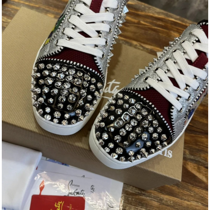 Christian Louboutin Graffiti Print Mixed‑Media Spike Low‑Top Sneakers