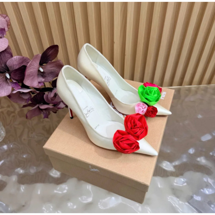 Christian Louboutin Off‑White Satin Multicolor Fabric Flower 100mm Stiletto Heel Pumps
