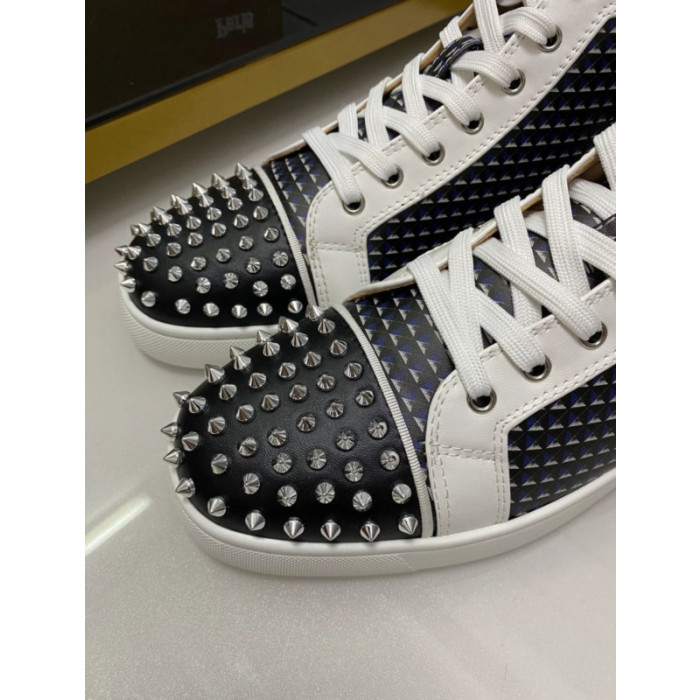 Christian Louboutin White Leather Geometric‑Print Silver‑Spiked High‑Top Sneakers