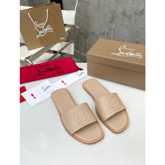 Christian Louboutin Stitched Logo Beige Leather Flat Open‑toe Slide