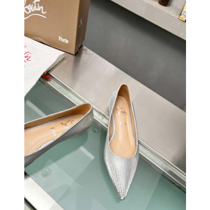 Christian Louboutin Silver Woven Metallic Pointed‑Toe Low‑Wedge Heel Flats