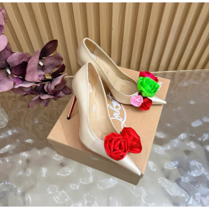 Christian Louboutin Ivory Satin Multicolor Fabric Flower 100mm Stiletto Heel Pumps