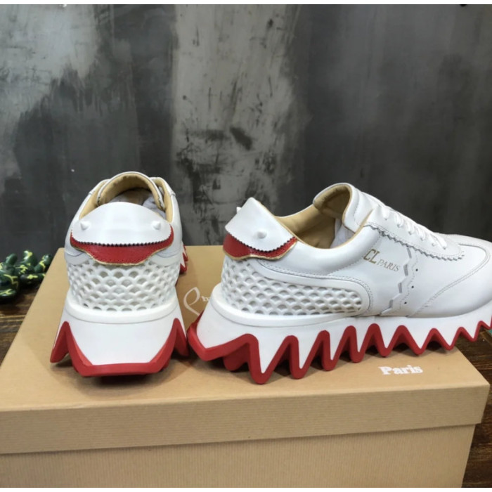 Christian Louboutin White Leather Gold‑Logo Lace‑Up Sneakers Red Shark‑Tooth Sole