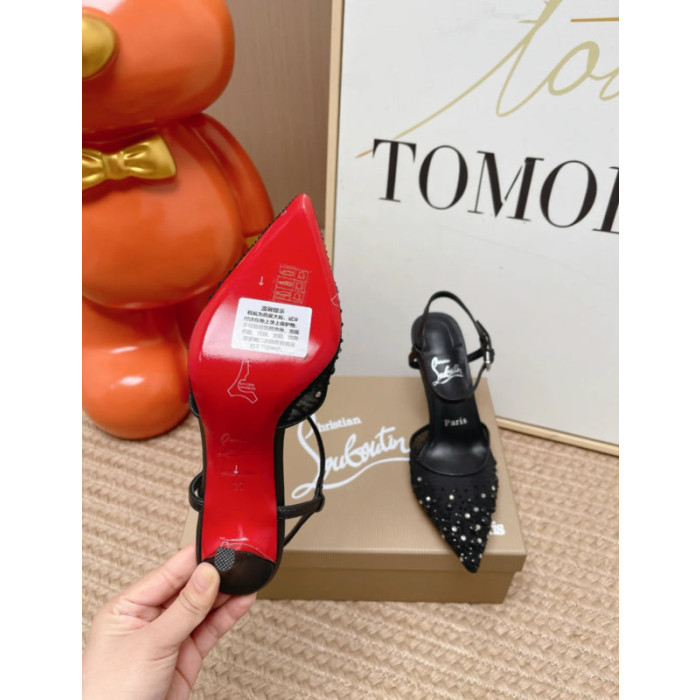 Christian Louboutin Black Mesh 80mm Apostropha Crystal‑Embellished Slingback Stiletto Heel Pumps