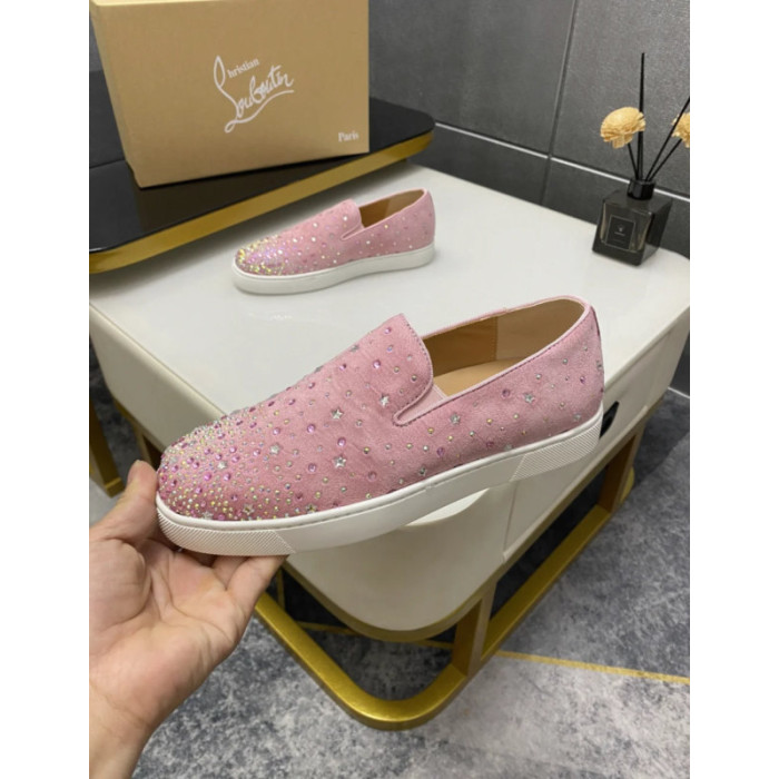 Christian Louboutin Pink Suede Crystal‑Embellished Slip‑On Sneakers